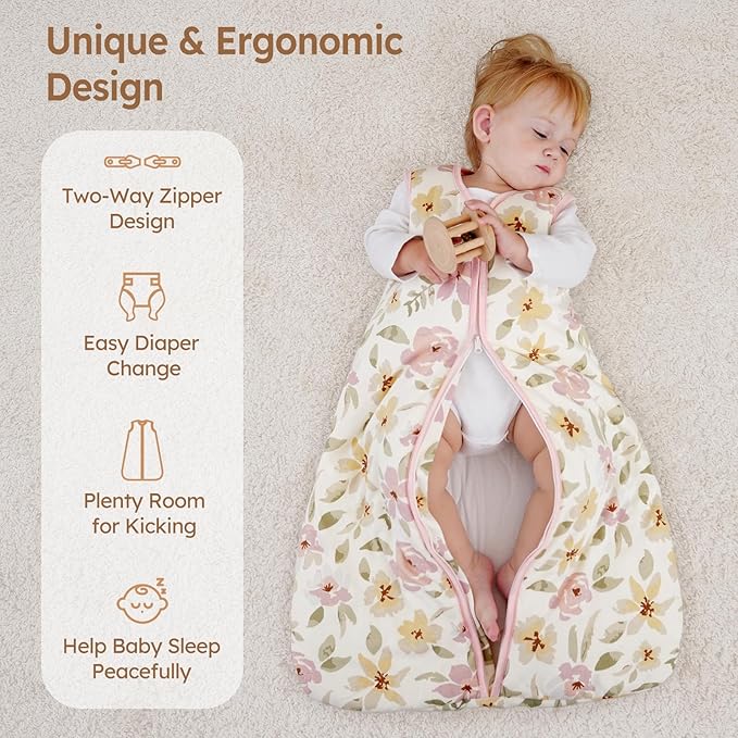 Baby Sleep Sack 18-24 Months TOG 2.5 Winter Baby Wearable Blanket, 100% Cotton Toddler Sleeping Sack with 2-Way Zipper Warm Soft Pink Flowers