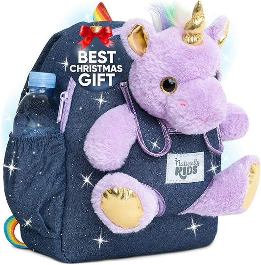 Naturally KIDS 【Upgraded】 Medium Backpack w Removable Purple Unicorn Toy for Girls Age 4-7 | Side&Inner Pockets, Reflective Logo, Sparkling Material | Unicorn Gifts for 5 Year Old Girls – Medium size