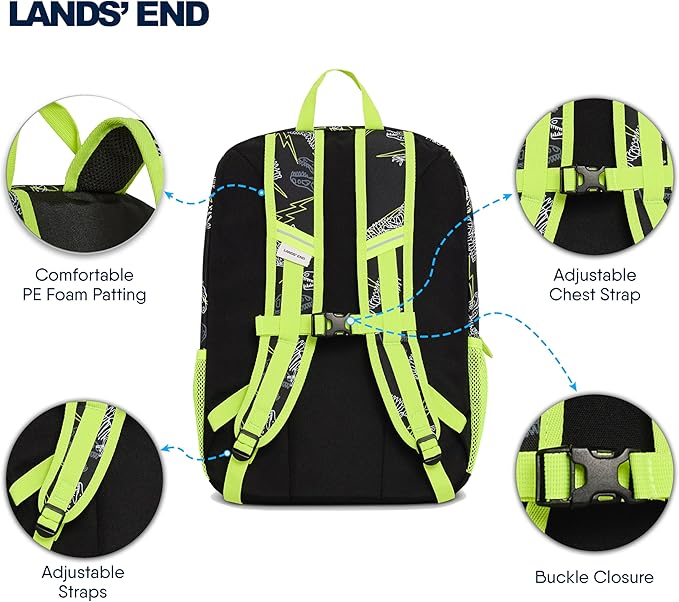 Lands' End Unisex Kids Medium ClassMate Lightweight Durable Elementary School Backpack, Black Highlight