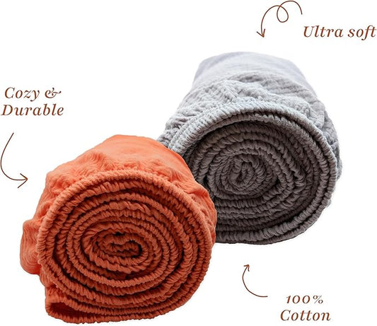 Muslin Fitted Crib Sheet for Standard Crib Mattress, 52” X 28”, 2 Pack 100% Cotton Soft Breathable Baby Crib Sheet for Boys, Girls (Orange/Gray)
