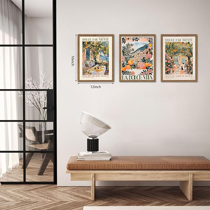 Framed Italian Scenery Wall Art Set of 3, Amalfi Coast Kitchen Wall Art, Vintage City Landscape Canvas Print, Trendy Italian Food Pictures Artwork for Living Room Dining Room – 12x16 inch