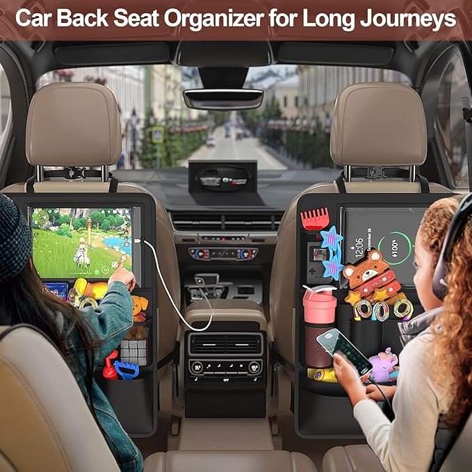 Oneyus Backseat Car Organizer with Touch Screen,Kick Mats Back Seat Protector with 10 Storage Pockets,Car Seat Back Organizers Storage for Snacks Drinks Toy Umbrellas for Kids Road Trip