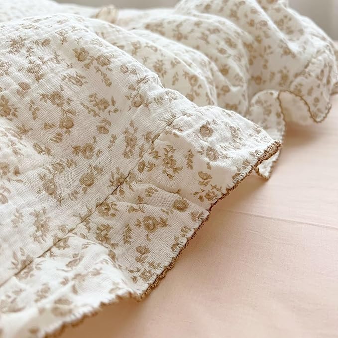 BuLuTu Soft Cotton Muslin Duvet Cover Girls Kids Floral Duvet Cover Beige Crib Bedding Comforter Cover Quilt Cover, 47"x59", Camellia Print (Pillowcases Not Included)