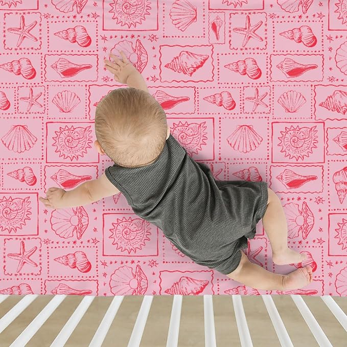 Pink Seashells Baby Crib Sheets for Boy Girl 52"x28" Boho Beach Conch Soft Stretchy Fitted Crib Mattress Covers Pastel Summer Coastal Nursery Baby Sheet for Standard Crib & Toddler Mattress Pad