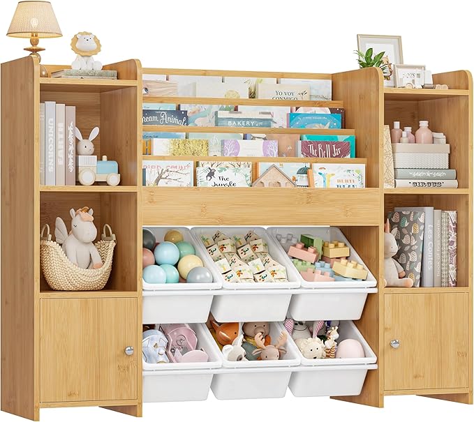 FINETONES Toy Storage Organizer with 6 Toy Bins, Toy Organizer Kids Bookshelf with 6 Cubbies, Toy Organizers and Storage Bins Playroom Storage for Kids Room, Natural