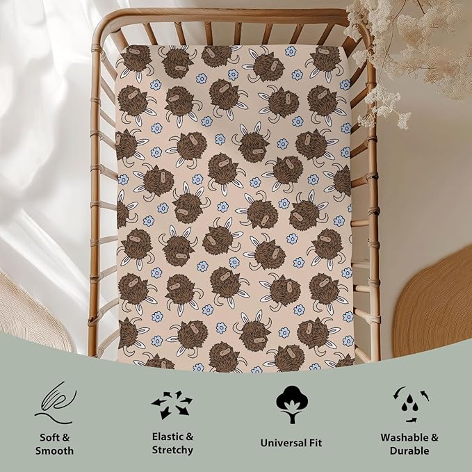 Highland Cow Easter Bunny Ears Baby Crib Sheets for Boy Girl 52x28Inch Western Cows Easter Bunnies Soft Stretchy Fitted Crib Mattress Cover Cow Lover Baby Sheet for Standard Crib and Toddler Mattress