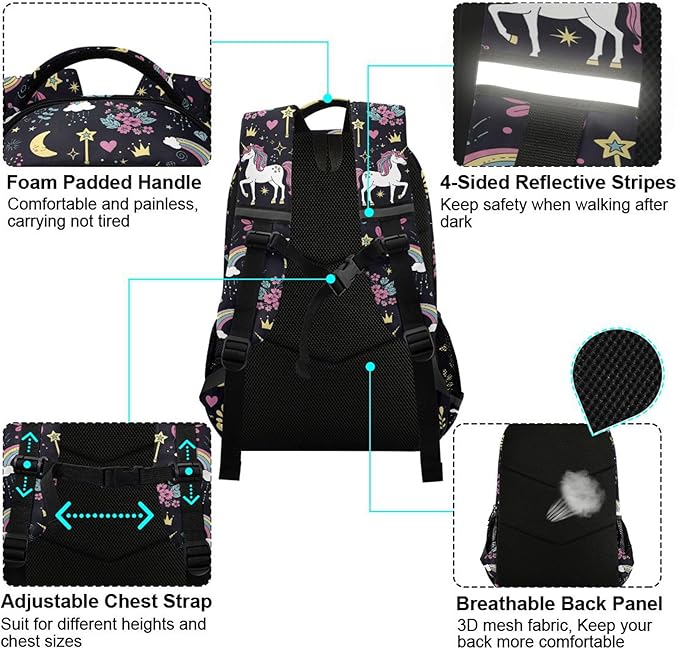 MNSRUU School Backpack with Chest Strap, Cute Unicorn Rainbow And Diamond Purple Laptop Backpack, Travel Hiking Backpack for Boys Girls, Rucksack, Knapsack One Size