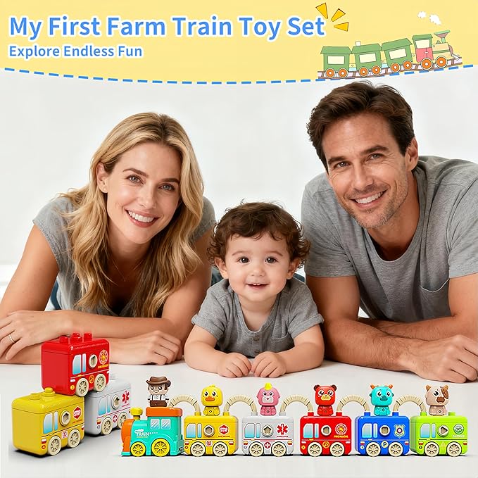 Toddler Learning Toys for 2 3 4 Year Old - Counting Matching & Sorting Activity Montessori Train Set with Vehicle Transportation,Farm Animals, Keys to Lock and Unlock Carriage，Christmas Birthday Gift