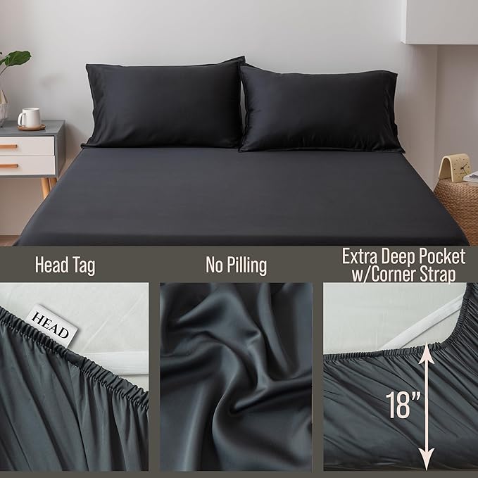 Bella Coterie Luxury Bamboo Viscose King Size Fitted Sheet | 100% Organically Grown | Ultra Soft | Cooling for Hot Sleepers | 18" Deep Pocket [Black]