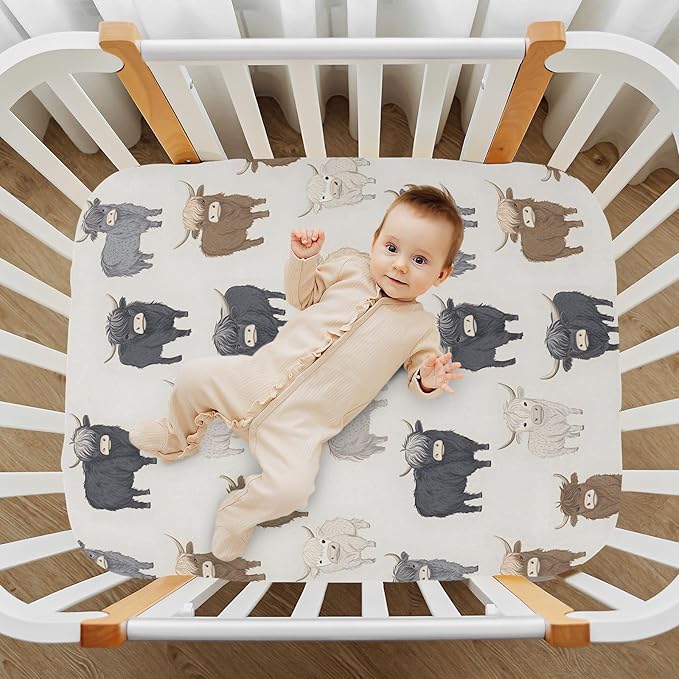 Baby Crib Sheets Fitted Crib Sheet Standard Crib and Toddler Mattress for Boys Girls 39 * 27in Pink Starfish Shell Pattern (Highland Cows Pattern, Medium)