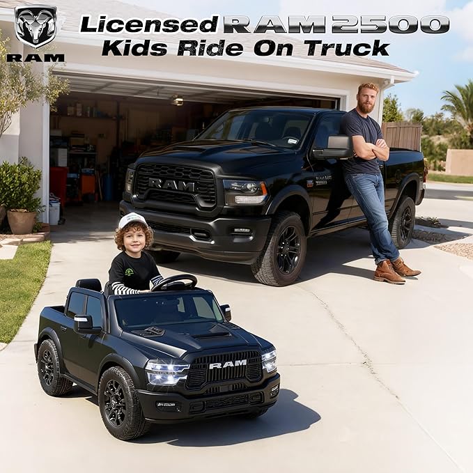 FUNTOK 24V 2 Seater Ride On Truck for Big Kids, Licensed RAM 2500 Kid's Electric Vehicles w/Remote Control, LED Light/Music/MP3/Bluetooth, Truck Bed Storage, Carry Wheels & Handle, Car for Kids 3-8