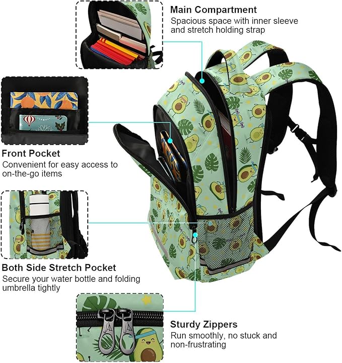 MNSRUU School Backpack with Chest Strap, Green Avocado Palm Leaf Star Laptop Backpack, Travel Hiking Backpack for Boys Girls, Rucksack, Knapsack