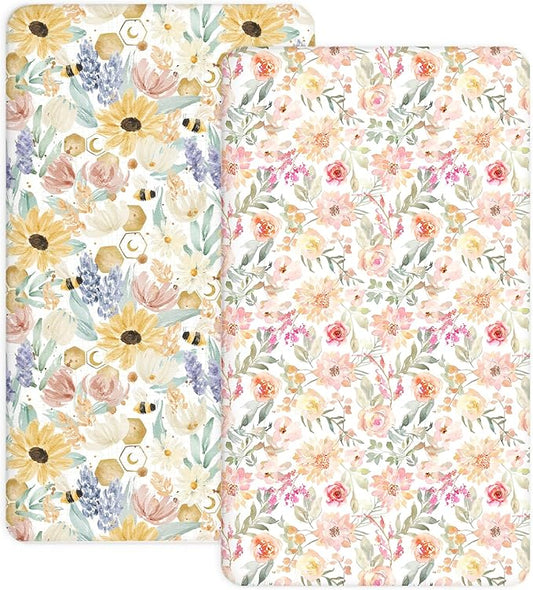 Pack and Play Sheets 2 Pack, Fitted Jersey Knit Mini Crib Sheets for Baby Boys and Girls, Compatible with Graco Pack N Play and Mini Crib Mattress (Golden Meadow, Pack N Play/Mini Crib Sheets)