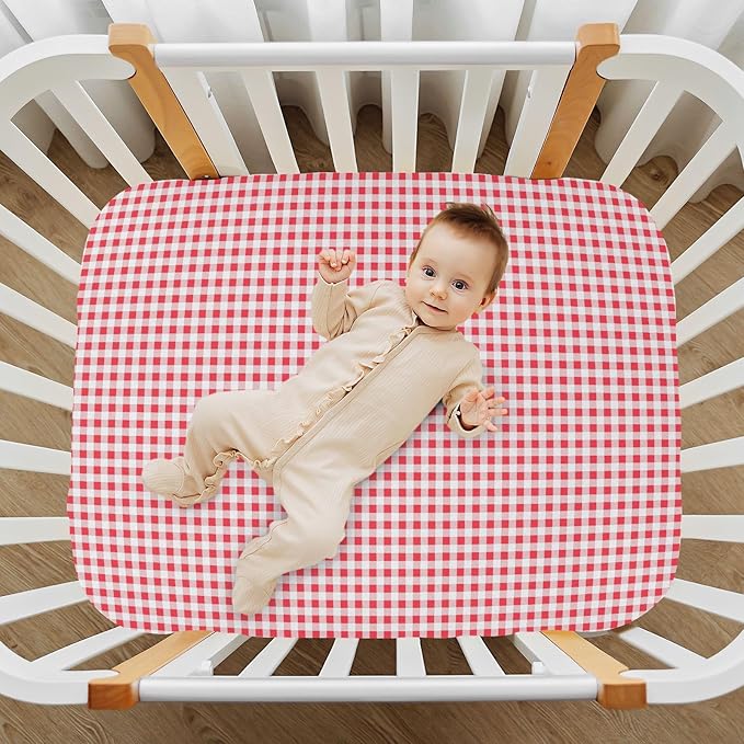 Fitted Crib Sheets for Boys Girls, Red and White Plaid Soft Breathable Mattress Cover for Standard Crib & Toddler Bed Mattress, 52 * 28 in.