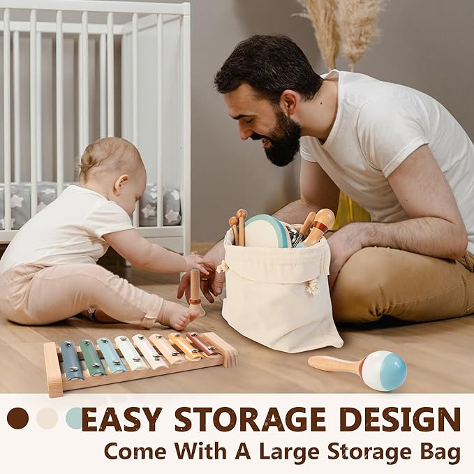 Baby Musical Instruments | Montessori Wooden Toys for Toddlers, Neutral Color Percussion Instruments Set with Xylophone Tambourine, Educational Musical Toys for Boys Girls 3+