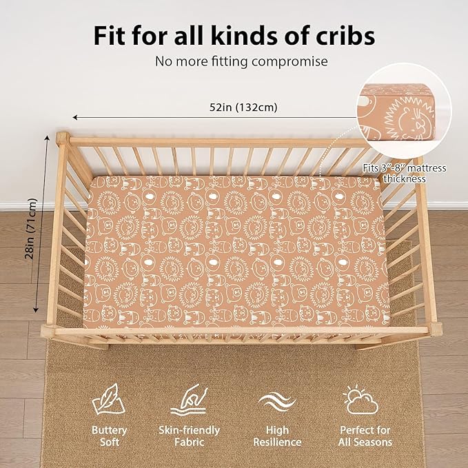 Baby Crib Sheets for Boys and Girls, 3 Pack Toddler Bed Sheets for 52”x28” Standard Toddler Mattresses, Soft Microfiber Fitted Crib Sheets Neutral Orange Animal World