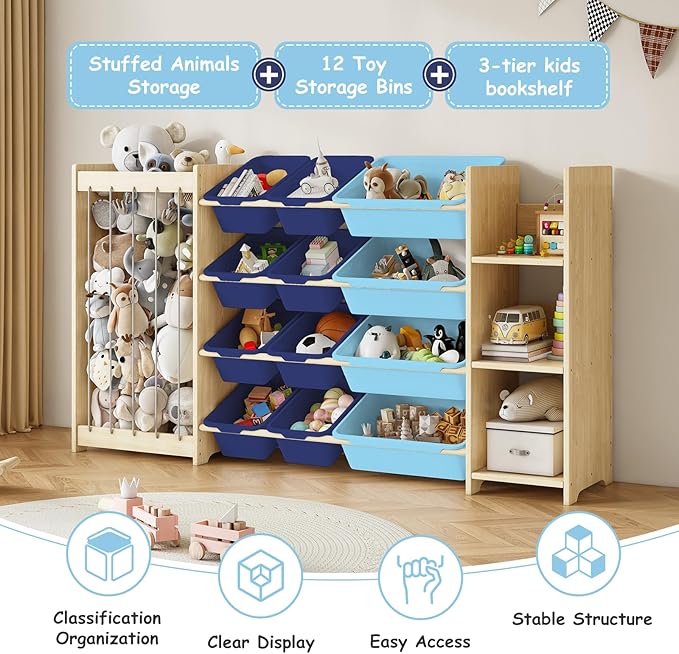 EXPERLAM 3-in-1 Toy Storage Organizer, Stuffed Animal Holder & 3-Tier Bookcase, Solid Wood Toy Organizer with 12 Storage Bins, Space-Saving Toy & Book Shelf for Kids Rooms, Bedroom, Playroom, Blue