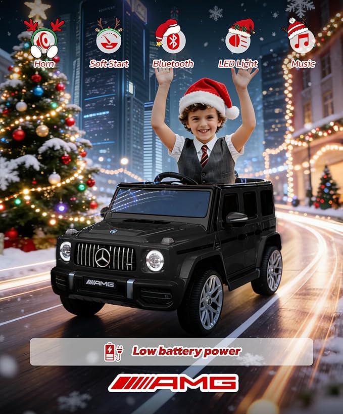 ELEMARA Licensed Mercedes-Benz AMG G63 Ride on Toys,12V Ride on Car with Remote Control,Rechargeable Battery,Flickering Lights/LED Lights, Bluetooth,Music & Horn, Soft Start, Low Battery Prompt,Black