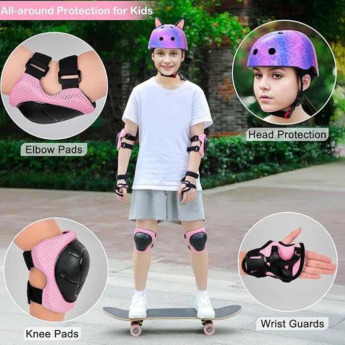 Kids Helmet, Bike Helmets for Kids 8-14 with Knee Pads and Elbow Pads Wrist Guards, Adjustable Youth Girls Bike Helmet with DIY Cat Ears Skateboard Helmet for Scooter Skating Cycling