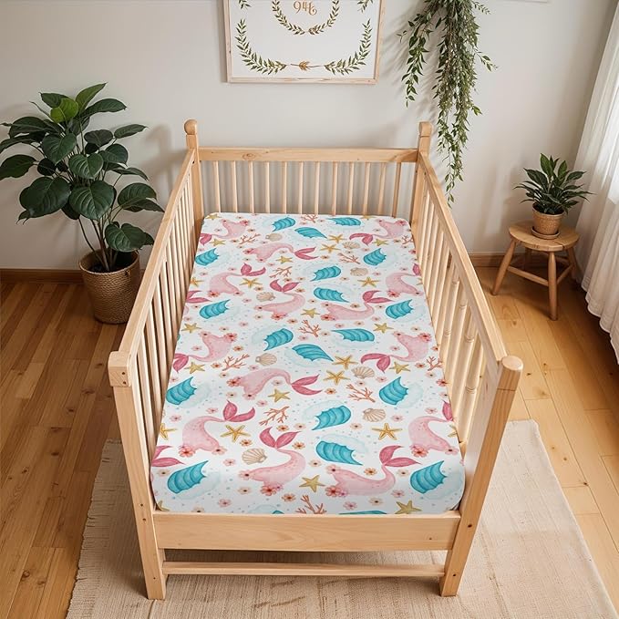 Mermaids Tails Baby Crib Sheets for Boy Girl 52x28Inch Fairytale Fish Floral Waves Starfish Conch Soft Snug Fitted Crib Mattress Cover Summer Beach Baby Sheet for Standard Crib & Toddler Bed Mattress