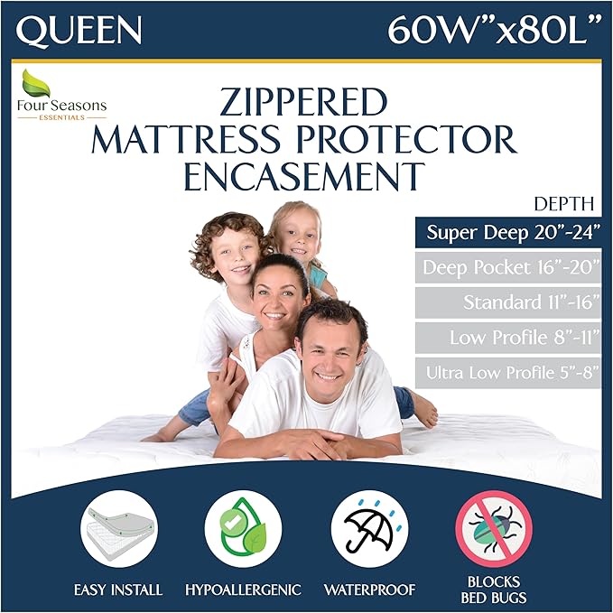 Super Deep Pocket Mattress Encasement - Queen - Zippered Bedbug Waterproof Protector for Very Deep Mattresses 20-24 inch Depth