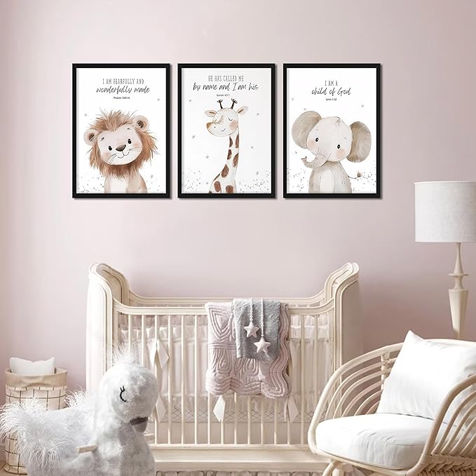 Nursery Wall Art, Kids Bible Verse Animal Canvas Wall Decor Paintings, Cute Safari Christian Pictures Posters Prints for Kids Boys and Girls Room Bedroom 16x24 Inch Wood Framed