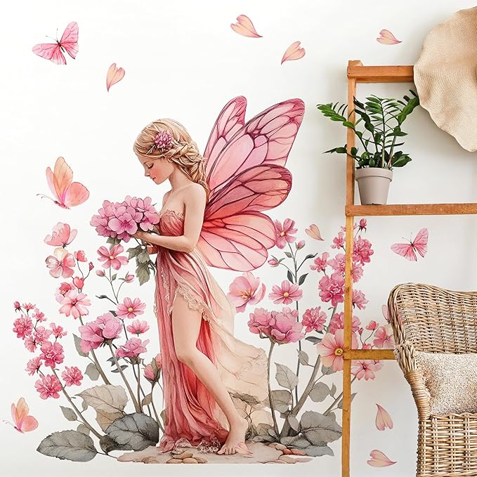 DRWSSR Removable Cartoon Pink Butterfly Elf Girl Decals Fairy Wall Decals DIY Pink Flowers Green Leaf Wall Stickers Peel and Stick for Girls Room Nursery Living Room Bedroom Bathroom Playroom Decor