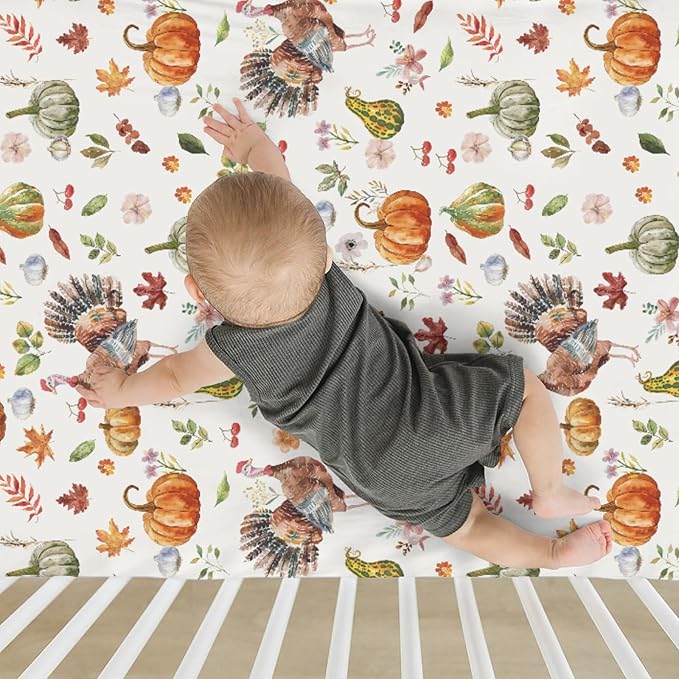 Thanksgiving Turkey Pumpkins Baby Crib Sheets for Boy Girl 52"x28" Vintage Autumn Leaves Soft Stretchy Fitted Crib Mattress Covers Fall Harvest Baby Sheet for Standard Crib and Toddler Bed Mattress