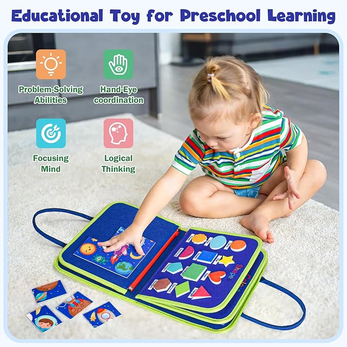 Asten Busy Board Montessori Toys for Toddlers: Busy Book Sensory Board Quiet Books Educational Activity Book for 3 4 5 Year Old Gifts for Boys Girls Kids, Toddler Travel Toys for Airplane Car (Blue)