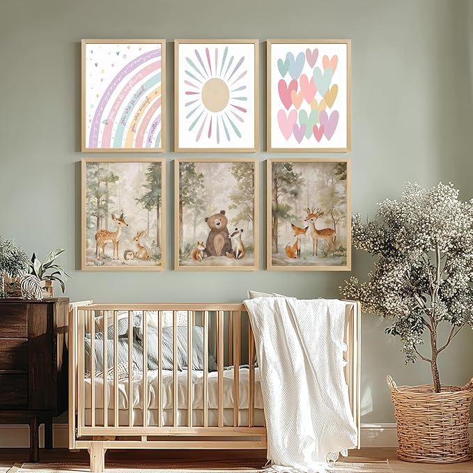 LLEEMPI Pink Heart Sun Rainbow Wall Art Set of 3, Baby Room Wall Decor, Boho Rainbow Nursery Canvas Painting, Classic Minimalist Poster Prints for Bedroom Bathroom Classroom Wood Framed 12x16 Inch
