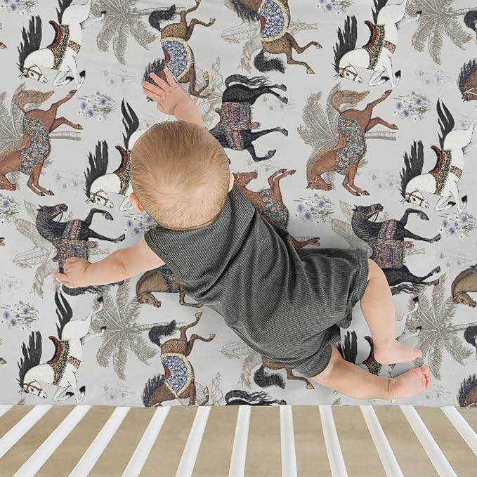 Vintage Horses Baby Crib Sheets for Boy Girl 52x28Inch Retro Arabian Horses Palm Trees Soft Stretchy Fitted Crib Mattress Covers Horse Lovers Baby Sheet Fits Crib and Toddler Bed Mattresses Gray
