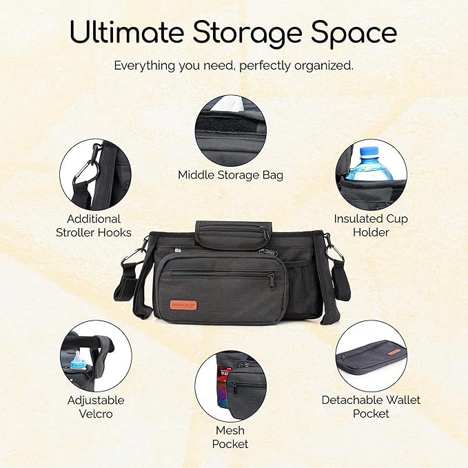 My lil Aviator Universal Stroller Organizer Bag with 2 Insulated Cup Holder, Durable Detachable Phone Bag and Shoulder Strap – Fits for Pet Stroller Caddy, Uppababy, Baby Jogger, Britax, Doona, Nuna