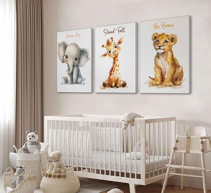 3 Pcs Safari Nursery Canvas Wall Art Kids Cute Inspirational Animal Lion Giraffe Elephant Painting Picture Wall Decor Poster Print Artwork for Baby Boys and Girls Room Home Decoration