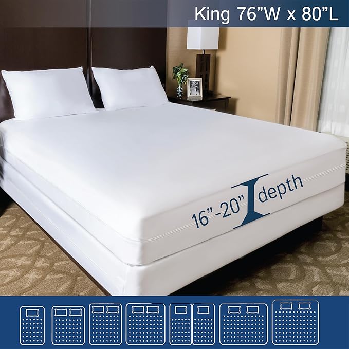 King Size Mattress Protector Waterproof Zippered Cover - Deep Pocket Fits up to 20" Depth - Hypoallergenic Premium Quality Encasement Protects Against Dust