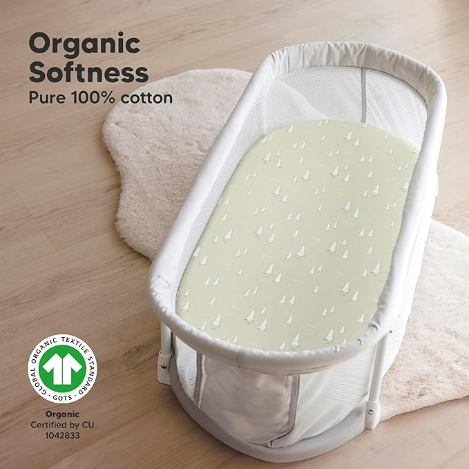 2-Pack Organic Bassinet Sheets for Girls, Boys - 100% Cotton Bassinet Mattress Sheets Compatible with Halo Bassinest Swivel Sleeper, Graco, Baby Delight, Chicco, Fitted Bassinet Sheets (Pine Grove)