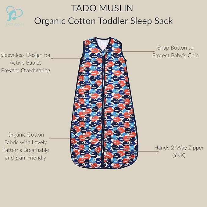 Baby Sleep Sack 2-4 T Boys & Girls Wearable Blanket 100% Organic Cotton 0.5 TOG Toddler Sleeping Sack 2- Way Zipper X-Large Muslin