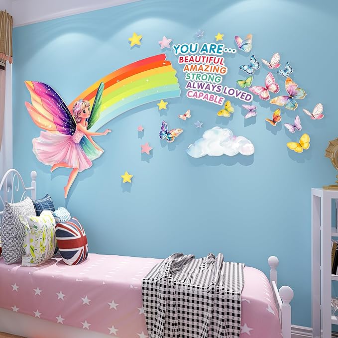3D Fairy Wall Stickers for Girls Room Decor Wall Decals Peel and Stick for Girls Bedroom Large Pink Decor for Nursery Toddler Inspirational Princess Art Pictures Kids Murals Wallpaper