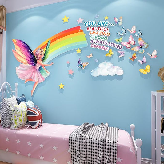 3D Fairy Wall Stickers for Girls Room Decor Wall Decals Peel and Stick for Girls Bedroom Large Pink Decor for Nursery Toddler Inspirational Princess Art Pictures Kids Murals Wallpaper