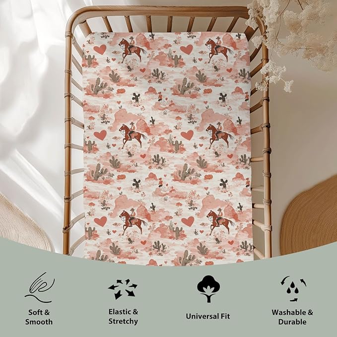 Retro Cowgirl Horse Cactus Love Baby Crib Sheets for Boy Girl 52x28Inch Western Cowgirl Hearts Soft Stretchy Fitted Crib Mattress Cover Wild Desert Baby Sheet for Standard Crib and Toddler Mattress