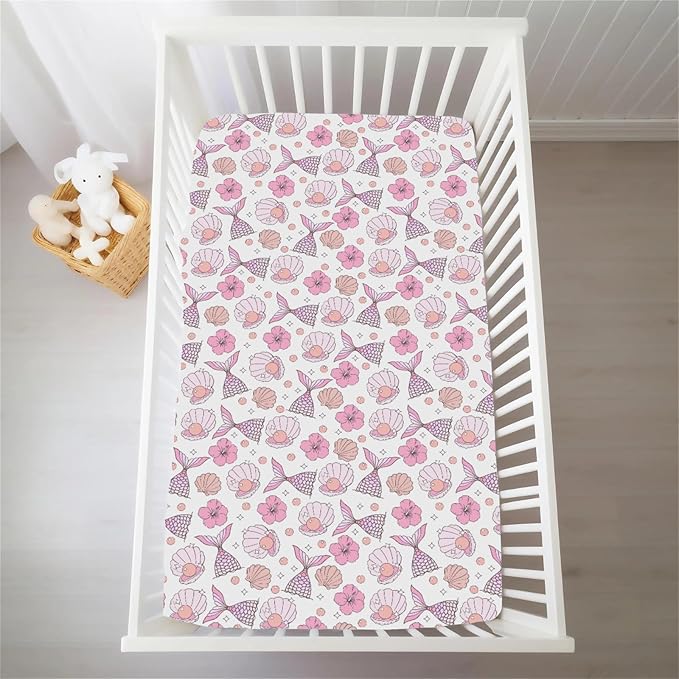 Pink Summer Mermaids Seashells Floral Baby Crib Sheets for Girls Boho Neutral Conch Pearls Soft Snug Fitted Crib Mattress Covers for 52''x28'' Standard Crib & Toddler Mattress Sea Beach Bed Sheets