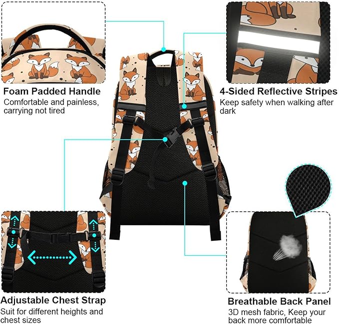 MNSRUU School Backpack with Chest Strap, Cute Fox Laptop Backpack, Travel Hiking Backpack for Boys Girls, Rucksack, Knapsack