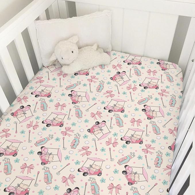 Girly Golf Stripes Bows Floral Baby Crib Sheets for Girls Pastel Pink Golfing Soft Snug Fitted Crib Mattress Covers for 52''x28'' Standard Crib & Toddler Mattress Preppy Girl Sports Nursery Bed Sheets