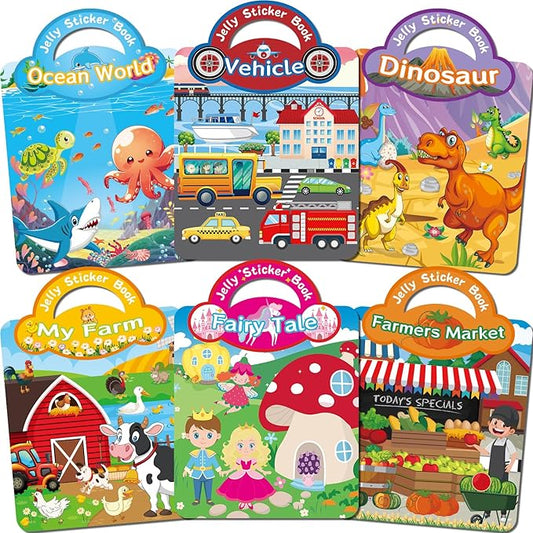 Kalysky 6Pcs Reusable Sticker Book, Jelly Sticker Books for Kids Ages 3-5, Cute Sticker Books for Toddlers 2-4 Years, Sticker Activity Book for Girl Boy