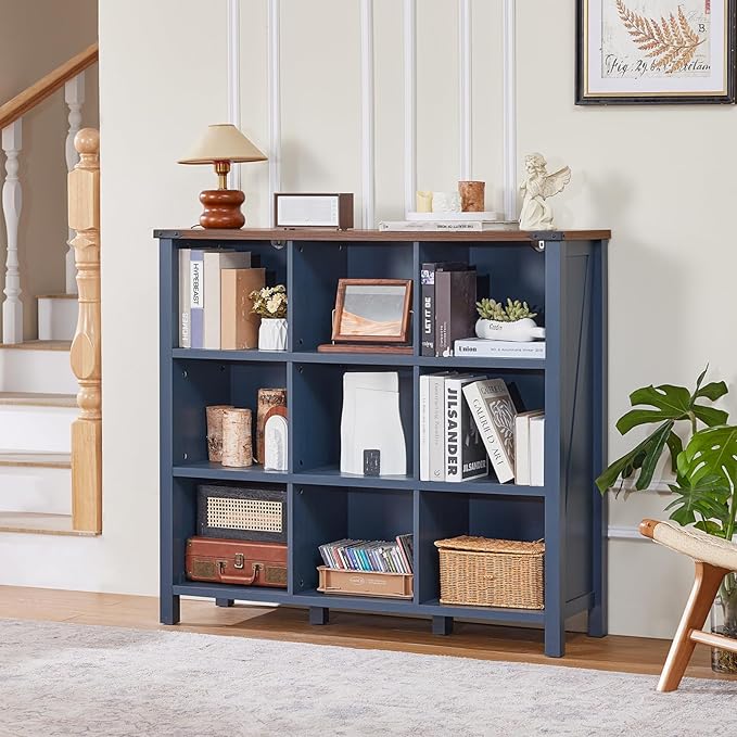 Joaxswe 9 Cube Bookcase, Farmhouse 47 Inch Wide Navy Blue Bookshelf, Wooden 3 Tier Display Large Open Book Shelf, Vintage Horizontal Book Case for Home Office, Cubby Storage Cabinet for Living Room