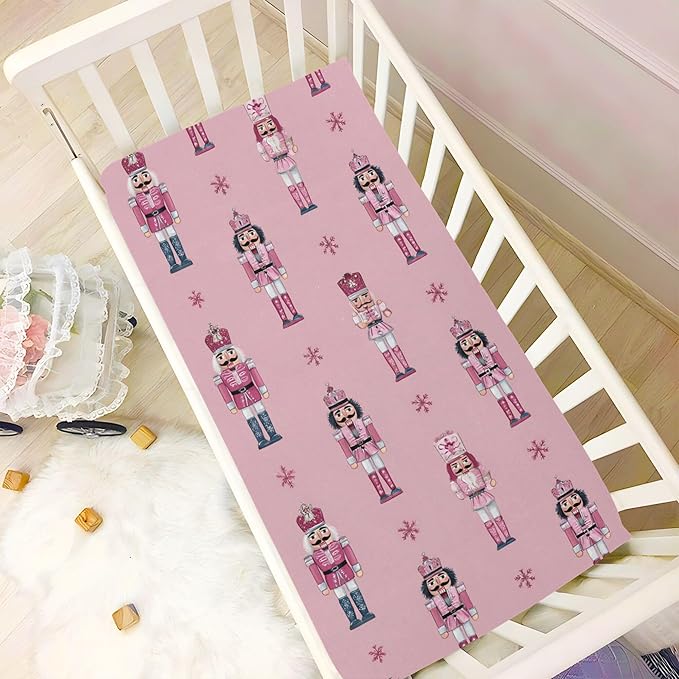 Christmas Nutcrackers Pinks Crib Sheets Soft Breathable Fitted Baby Crib Sheets Mattress Cover for Girls Boys, 52" x 28" x 9"