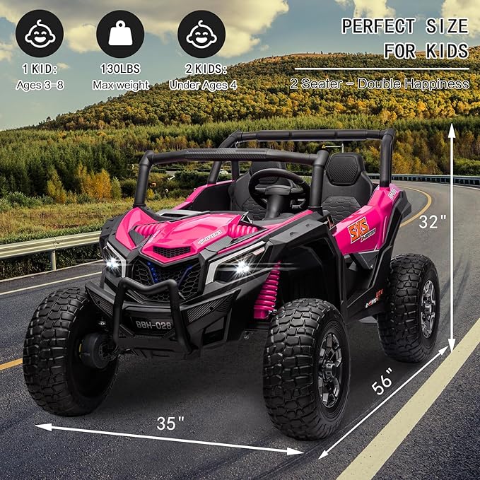 MOLACHI 24V Kids UTV with Remote Control, 2 Adjustable Seater 4WD Ride On Toy for Big Kids Ride On Truck with EVA Wheels, 3 Speeds Vehicle, LED Lights, 4 Shock Absorbers, Music & Horn, Bluetooth, Pink