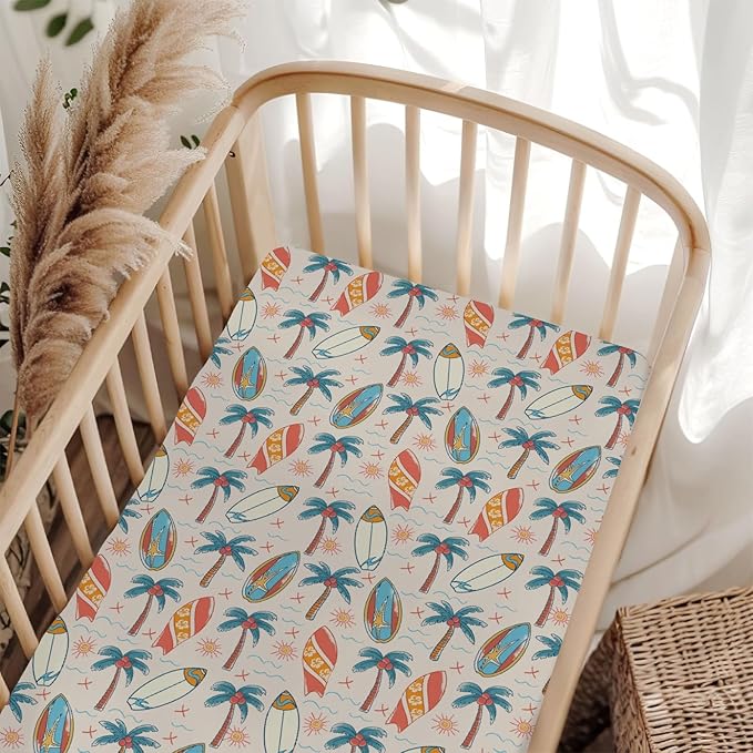 Retro Boho Surfing Baby Crib Sheets for Boy Girl 52x28Inch Summer Surfboards Coconut Palm Trees Sun Soft Snug Fitted Crib Mattress Cover Beach Life Baby Sheet for Standard Crib & Toddler Bed Mattress
