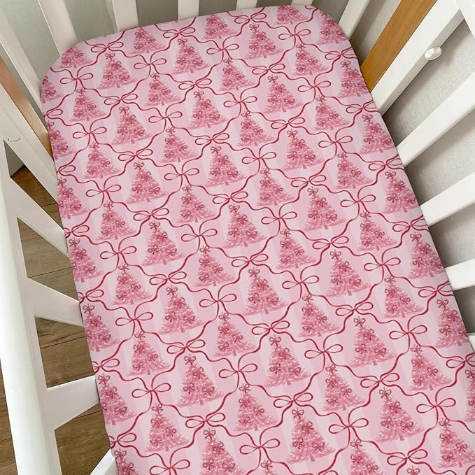 Preppy Pink Trees Bows Christmas Baby Crib Sheets for Girls Pink Christmas Trees Ribbon Soft Snug Fitted Crib Mattress Covers for 52''x28'' Standard Crib & Toddler Mattress Holiday Winter Baby Sheets