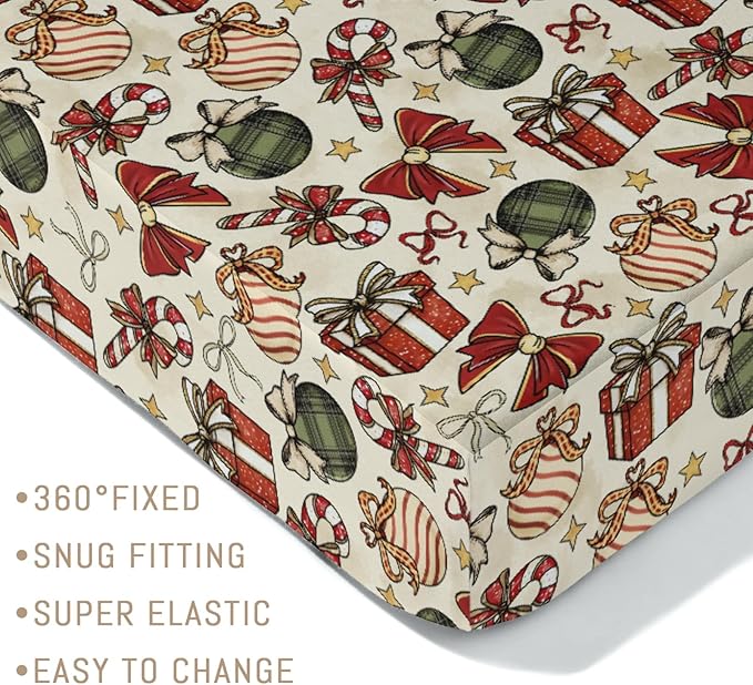 Vintage Christmas Baby Crib Sheets for Boy Girl Cute Christmas Bows Gift Balls Candy Glitter Soft Snug Fitted Crib Mattress Covers for 52x28 Standard Crib & Toddler Mattress Winter Holiday Bed Sheet