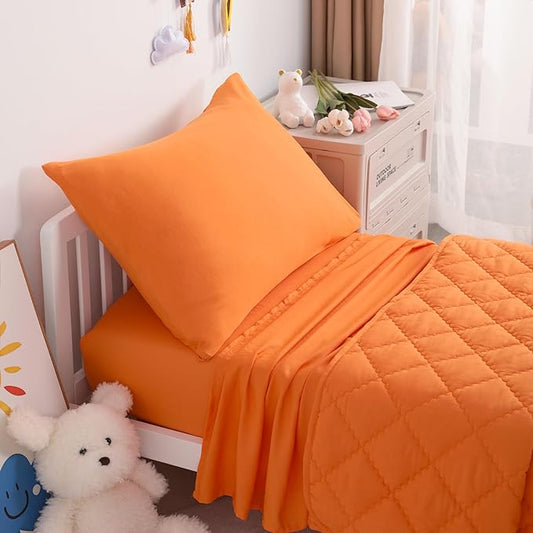 NTBAY Toddler Bedding Set - 4 Piece Soft and Breathable Crib Bedding Set for Boys and Girls, Includes Quilted Comforter, Fitted Sheet, Flat Top Sheet and Envelope Pillowcase, Orange